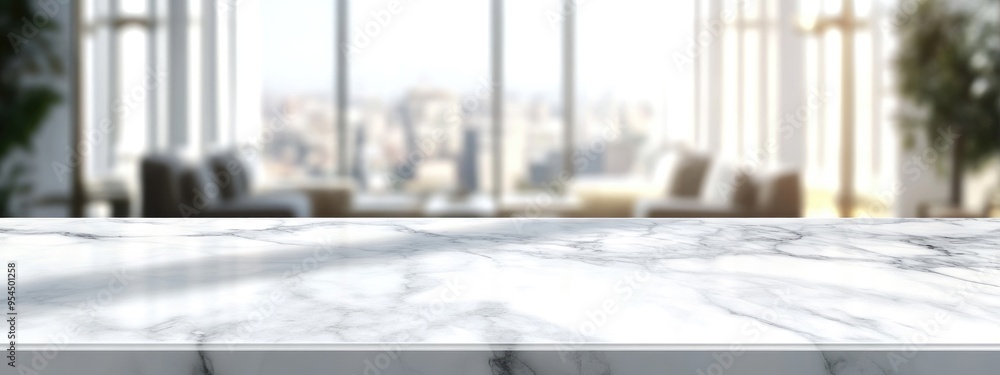 Poster White marble table surface with blurred abstract interior background suitable for product display or montage
