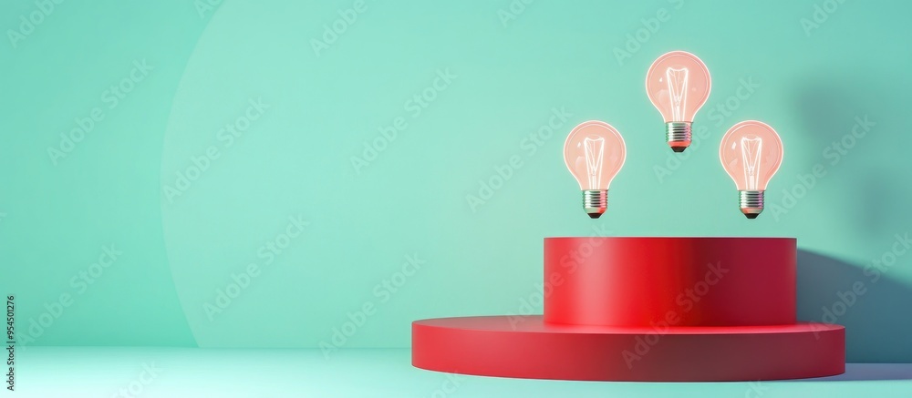 Poster modern minimalist red product podium featuring retro neon light bulbs isolated on a light green blue