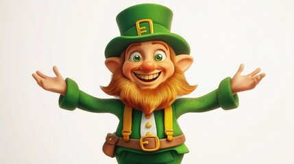 Cheerful leprechaun cartoon character with open arms Raster illustration on a white background