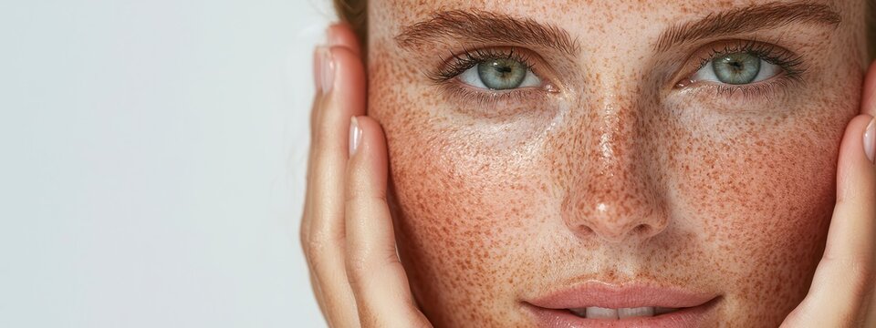  A tight shot of a woman's face adorned with numerous freckles, her hands similarly speckled