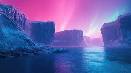 3D render of an abstract panoramic background featuring a seascape with cliffs under a pink blue night gradient sky showcasing a fantasy atmosphere with the Aurora Borealis
