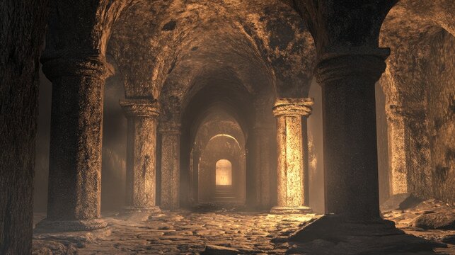 3D illustration of a mystical ancient temple catacomb setting