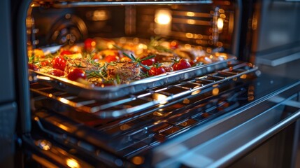 Oven: An appliance for baking, roasting, and broiling, with multiple racks, a temperature control dial, and an internal light to monitor and adjust the cooking process.
