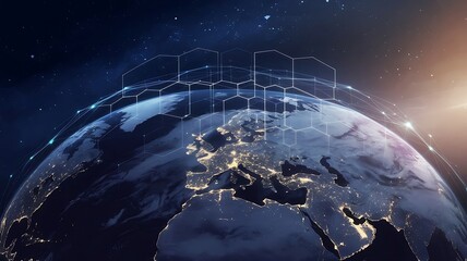Obraz premium A stunning digital representation of Earth, showcasing a network of interconnected nodes and vibrant lights. This image symbolizes global connectivity, technology, and innovation in our modern world.