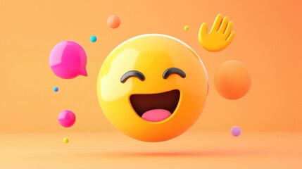 2D Cartoon style rendering featuring an emoticon face waving goodbye accompanied by a vibrant speech bubble