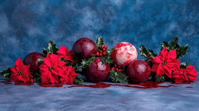 festive christmas still life with poinsettia flowers and red apples