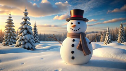 Obraz premium Charming Photorealistic Snowman with Carrot Nose in Serene Snowy Landscape