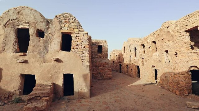 Ruins of multistory ghorfas of Fortified Berber settlement Ksar al-Dagaghra, Tataouine, Tunisia