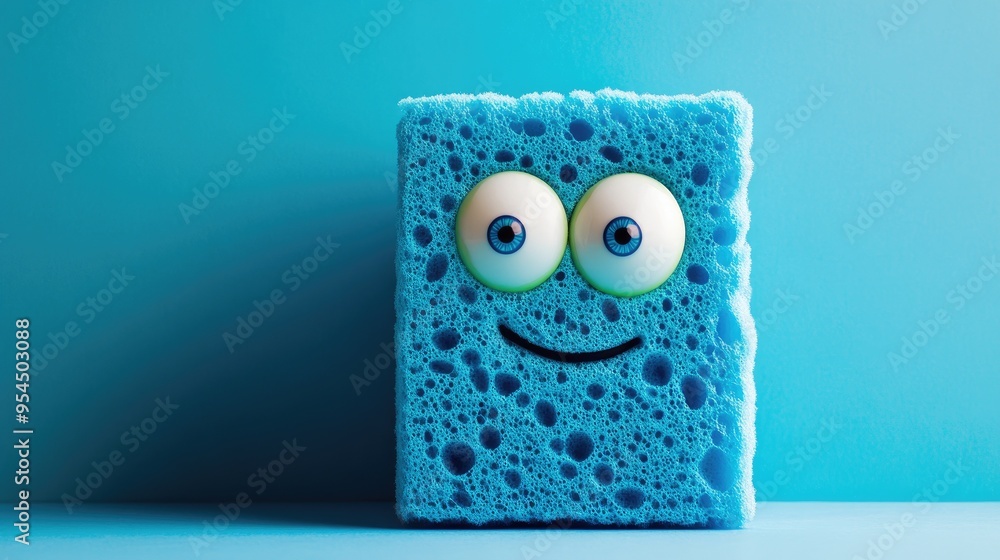 Poster cartoon style cleaning sponge with googly eyes featuring a comical expression on a blue backdrop