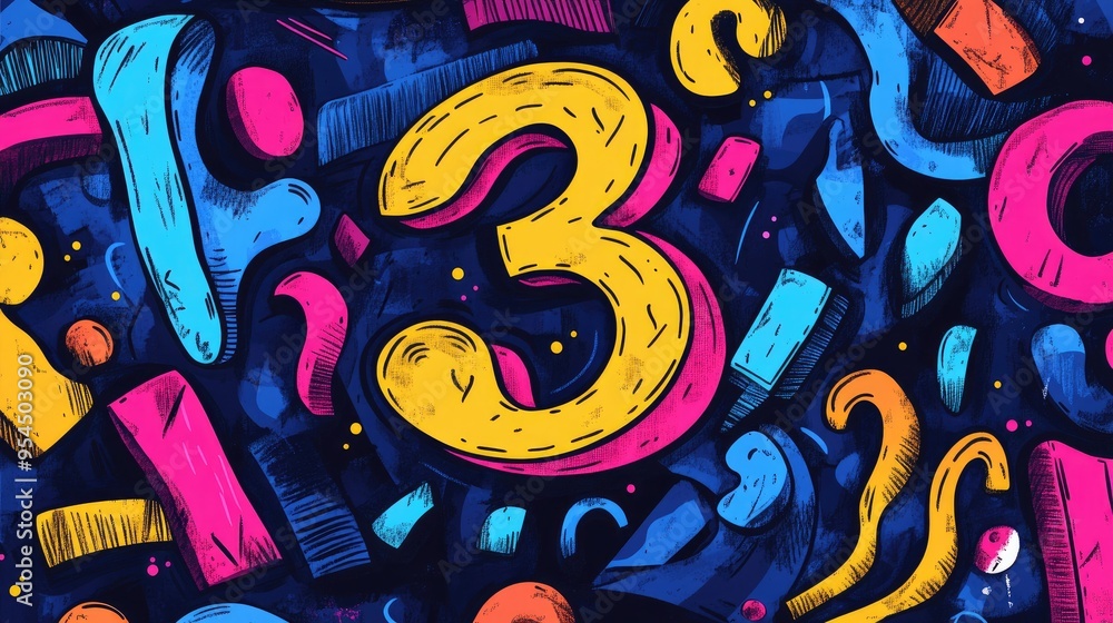 Poster 2d cartoon style hand drawn background featuring the number three along with various abstract shapes