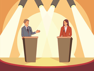 Politicians on stage. Opponents debate behind wooden pedestals, public speech, speakers arguing, programs promotion, man and woman candidate meeting cartoon flat isolated vector concept