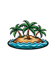 Vector illustration of a tropical island with palm trees and ocean waves.