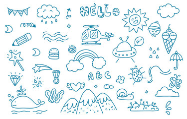Fototapeta premium cute doodle element object with mountian,boy,sun for nursery school design