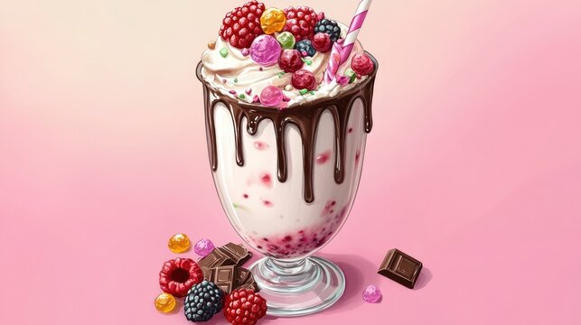 2D cartoon style milkshake featuring sweets and whipped cream in a round shape Showcasing the crazy freakshake food trend topped with berries jelly candies and chocolate treats