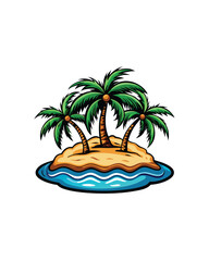 Editable stroke vector of a tropical island with three palm trees and water surrounding it.