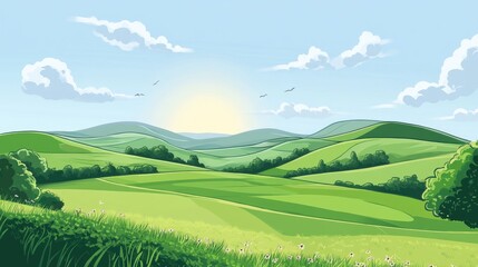 Obraz premium Cartoon illustration of a rural landscape featuring hills and fields in a serene countryside setting