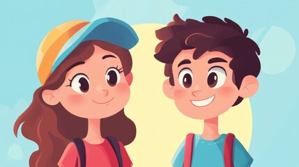 Cartoon illustration featuring a girl and a boy