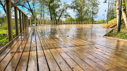 wooden embankment on the river embankment