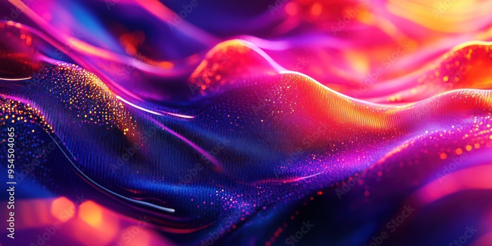 Wall mural abstract wavy surface with colorful glowing lights and shimmering particles