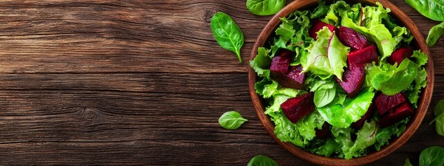  A wooden table holds a bowl filled with lettuce and beets Nearby sits a wooden spoon