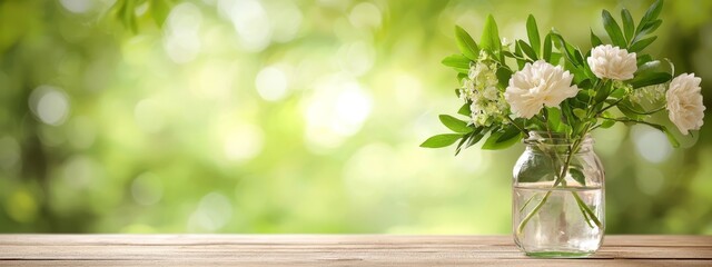  A vase holding white flowers atop a wooden table against a hazy green backdrop