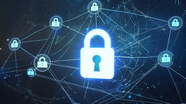 Cybersecurity Network: A glowing padlock icon sits at the center of a digital network, symbolizing secure connections and data protection. The intricate web of lines and nodes represents a complex, in