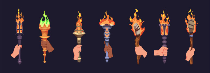 Human hands hold burning torches. Competition victory symbols, sport fires, ancient lighting ways, sport competition items, castle lights cartoon flat style isolated tidy vector set