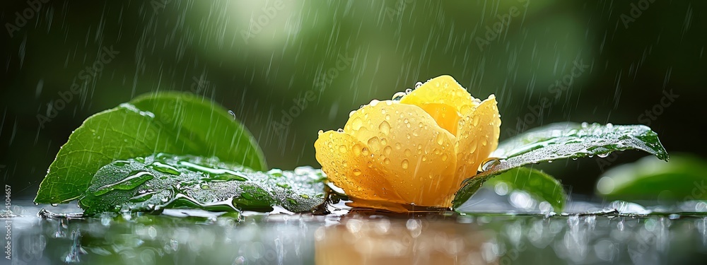 Canvas Prints a yellow flower atop a green, rain-soaked ground, resting in a puddle of water