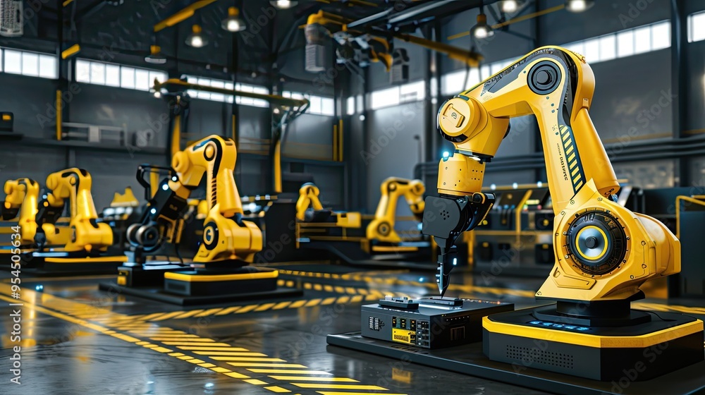 Aufkleber industrial robotic arms operating in a modern factory setting, showcasing advanced automation and pr