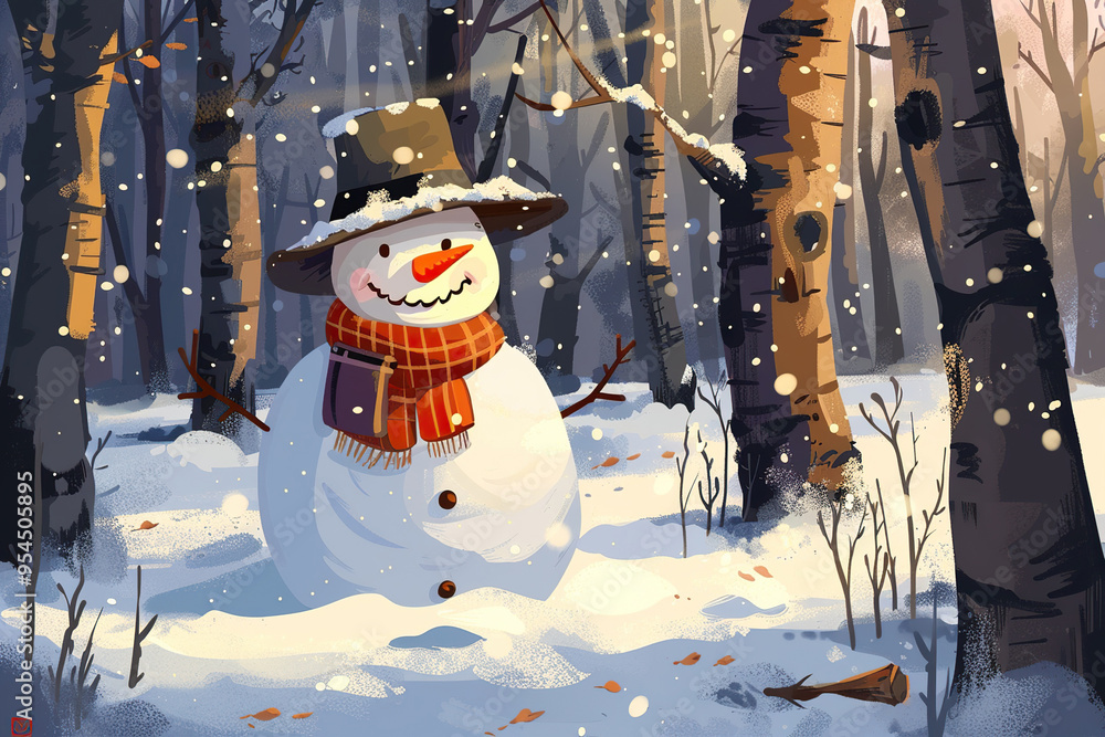 Wall mural Christmas greeting card with bright winter holiday snowman and New Year background