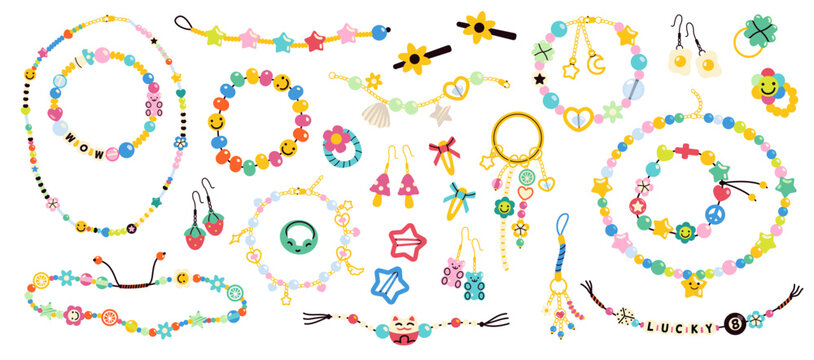 Friendship kids beads. Plastic colored beads with letters, emoticons, flowers, pacifiers, handmade cute bracelets, jewelry and bijouterie isolated funny handicraft accessories tidy vector set