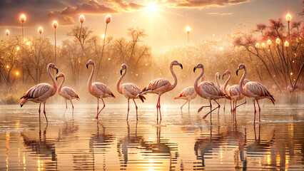 Obraz premium A group of elegant pink flamingos stands in shallow water of a peaceful lake at sunrise. Soft mist rolls across the surface as the sun rises, casting a warm glow