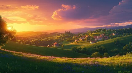The horizon glowing with sunset colors over a rural village nestled in green hills, with a peaceful sky above.