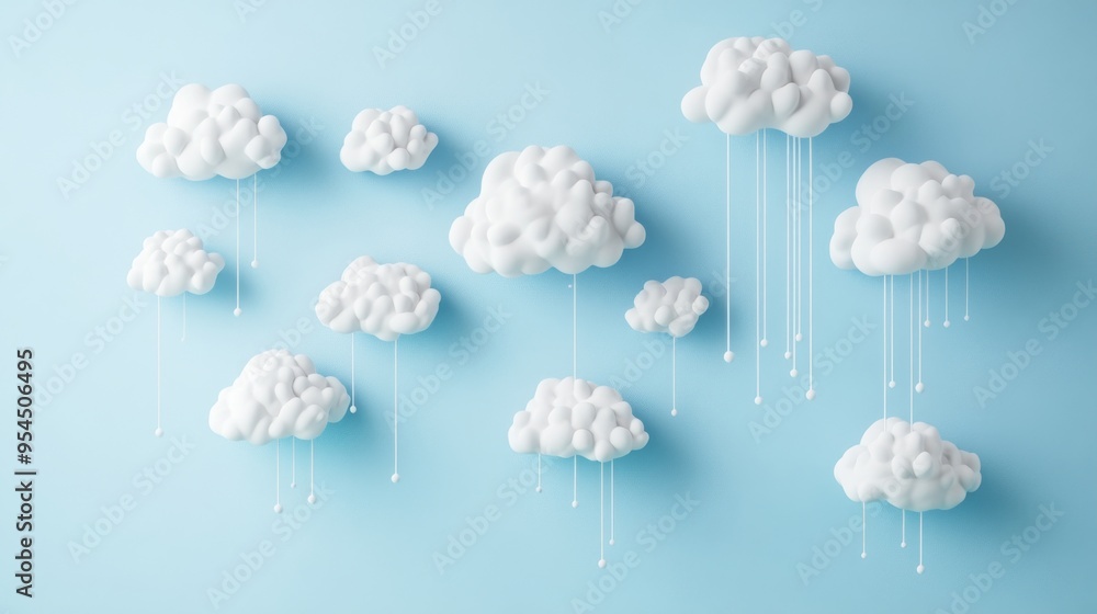 Poster 3d rendered rain and clouds illustration with copyspace on clean background for weather forecast con