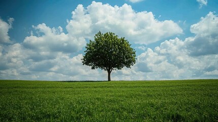 The image of one tree in a green field, with the sky stretching out above, perfect for adding text.