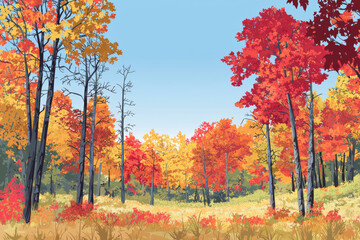 A vibrant autumn landscape featuring colorful trees and a clear sky, capturing the beauty of nature in fall.