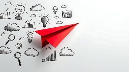 Red paper plane and business strategy on white background, Business success, innovation and solution concept, copy space