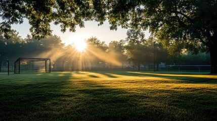 The serene view of a soccer playground during sunrise, with mist hanging over the grass and the sun peeking through.