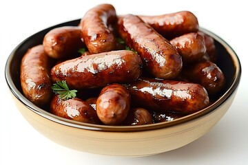 bbq cocktail wieners sausages in a bowl on white background
