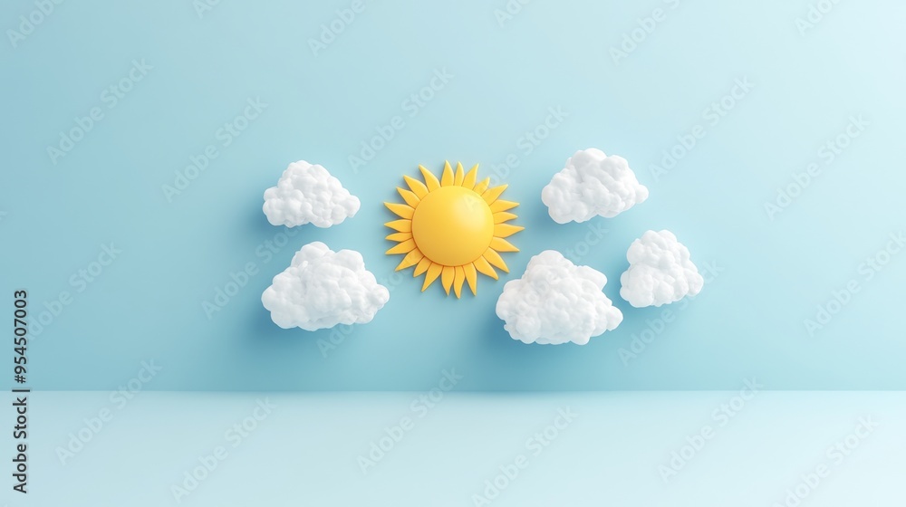 Poster Bright 3D Sun Icon Behind Clouds for Partly Cloudy Weather Concept on Solid Background with Copy Space.