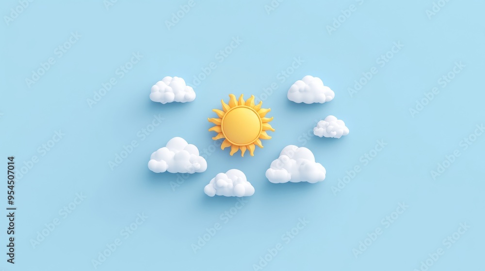 Poster bright 3d sun icon behind clouds for partly cloudy weather concept on solid background with copy spa