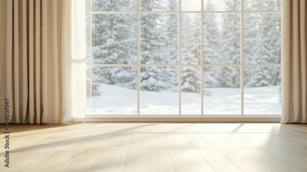 Poster cozy room in snowstorm: warmth vs. cold contrast 3d render with large window and copy space