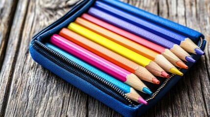 Fototapeta premium Vibrant coloring pencils in a pencil case, placed on a wooden table, representing creativity and learning.