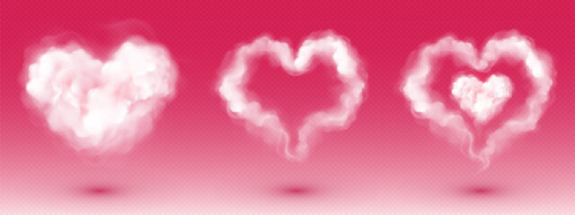 White cloud of heart shape. Realistic 3d vector illustration set of abstract magic fluffy smoke frame for love and romance Valentine day design. Dream vapor steam or cotton candy on pink background. © klyaksun