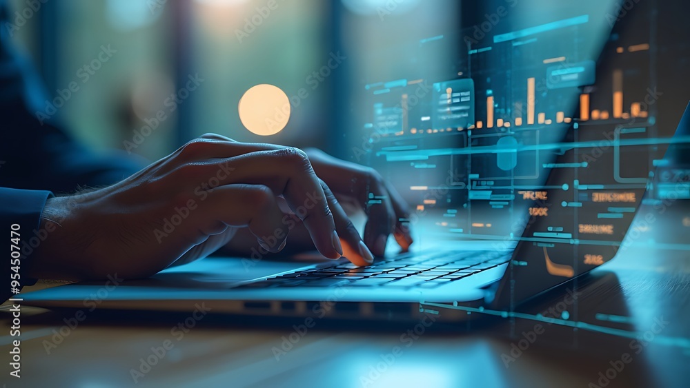 Poster business intelligence, businessman using laptop computer with global network connection, data exchan
