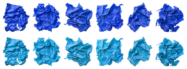 Collection set of light dark blue crumple wrinkle crushed scrunch irregular shape paper on transparent background cutout, PNG. Many different design. Mockup template artwork graphic