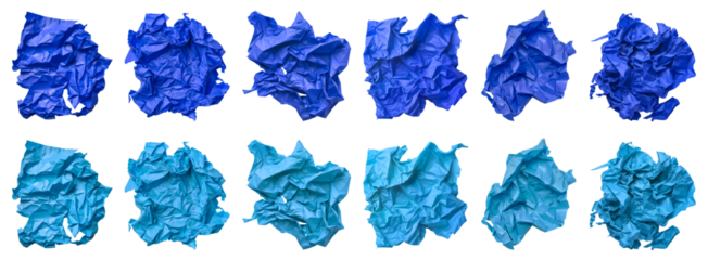 Collection set of light dark blue crumple wrinkle crushed scrunch irregular shape paper on transparent background cutout, PNG. Many different design. Mockup template artwork graphic