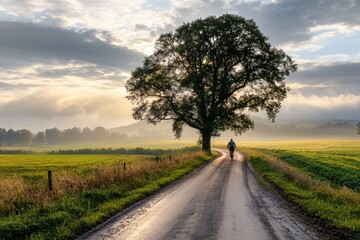 Naklejka premium A cyclist rides down a long, picturesque road flanked by green fields and a solitary tree, under a sky painted with early morning light, embodying a journey of solitude.