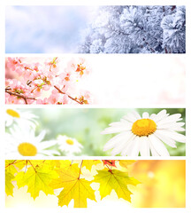 Four seasons of year. Set of horizontal nature banners with winter, spring, summer and autumn scenes. Nature collage with seasonal scenics. Copy space for text