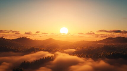 Obraz premium Dawn of a New Day - Sun Rising Over Foggy Landscape with Soft Glow, Changing Weather Concept